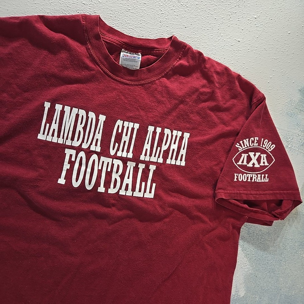 VTG Mens XL Lambda Chi Alpha Football Shirt Hanes Maroon Fraternity Jersey No 12